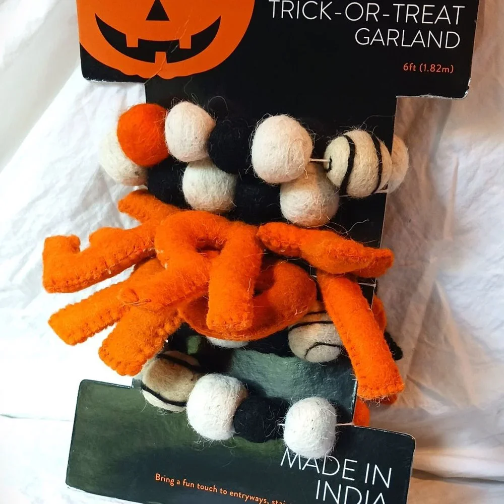 Trick Or Treat Black Orange White 6 Foot Garland Felted Wool Puffy Letters Balls